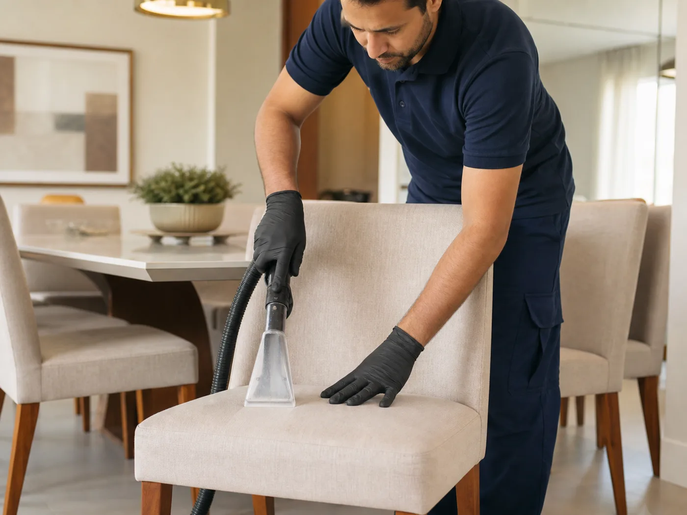 Profissional higienizando uma cadeira estofada